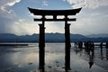 Floating orange shinto shrine of Miyajima in the Hiroshima region, Japan on the Itsakushima island during the sunset Royalty Free Stock Photo