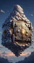 A floating, ornate metal vault embedded within a cloud formation. The vault is circula Royalty Free Stock Photo