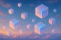 Floating pastel cubes in a dreamlike sky at sunset geometric shape Royalty Free Stock Photo