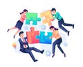 Floating people connecting piece puzzle elements. Team metaphor, teamwork, Business cooperation, partnership concept Royalty Free Stock Photo