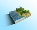 Floating piece of tropical jungle seaside land. 3d rendering of fantasy piece with natural greens