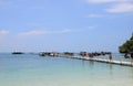 Floating piers along shore place for tourists walk. Mooring boat plastic pontoon that floats in sea water at Hong island