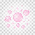 Floating pink bubbles on transparent background. Cherry or strawberry gum. Fizzy carbonated water texture. Soap foam, bath suds, Royalty Free Stock Photo