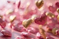 Floating Pink and Gold Hearts on a Soft Pink Backdrop for Love Themed Events and Valentine\'s Greetings Royalty Free Stock Photo