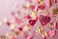 Floating Pink and Gold Hearts on a Soft Pink Backdrop for Love Themed Events and Valentine\'s Greetings Royalty Free Stock Photo