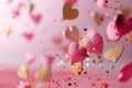 Floating Pink and Gold Hearts on a Soft Pink Backdrop for Love Themed Events and Valentine\'s Greetings Royalty Free Stock Photo