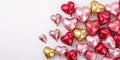 Floating Pink, Red and Gold Real Metallic Balloons Hearts on a White background, for Love Themed Events and