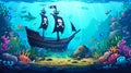 Floating pirate ship with black sails and skull and crossbones flag on sea bottom. Modern underwater landscape with