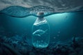 Floating plastic bottle with fish, ocean plastic pollution. Hopelessness concept. Generative AI Royalty Free Stock Photo