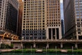 Floating prairie ecosystems foreground on Chicago River which are between fishing piers, with views of both Upper and Lower Wacker