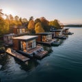 Floating prefab boathouse homes on autumn forest lakefront