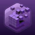 Floating purple cube structure breaking apart, symbolizing data, digital transformation, and abstract geometry Royalty Free Stock Photo