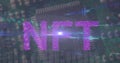 Floating purple NFT letters over blurred circuit board, with binary code, waveforms, lens flare Royalty Free Stock Photo