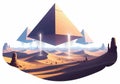 Floating pyramids hover above a surreal desert landscape characterized by rolling sand dunes and Royalty Free Stock Photo