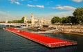 The floating race track installed on Seine river near Alexandre III bridge in Paris, France .