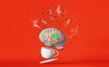 Floating rainbow human brain steaming coffee beans explosion porcelain cup 3D rendering Energy charge Caffeine hot drink