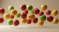 Floating red, green, and yellow apples in mid-air against neutral background Royalty Free Stock Photo