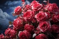 Floating red roses and surreal clouds create a poetic visual spectacle, valentine, dating and love proposal image