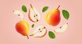 Floating Red And Yellow Pears With Green Leaves On Pink Background Royalty Free Stock Photo
