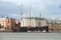 Floating restaurant in the form of an old sailing ship on the background of the Mytninskaya embankment. Saint-Petersburg Royalty Free Stock Photo