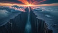a floating scene at the edge of a cliff, gazing into an endless abyss beneath a burning sky Royalty Free Stock Photo