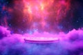 A floating sci-fi meditation chamber 3D background room surrounded by a cosmic nebula, featuring a Royalty Free Stock Photo