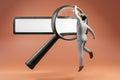 floating search box with businessman hanging on large magnifying glass concept for websearch seo search engine optimization