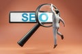 floating search box with businessman hanging on large magnifying glass concept for websearch seo search engine optimization