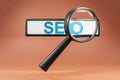 floating search box with large magnifying glass concept for websearch seo search engine optimization orange background