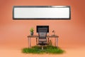 floating search box with single empty office computer workspace discount offer buy orange background and grass on floor online Royalty Free Stock Photo