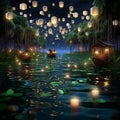 Floating Serenade: A whimsical scene of paper lanterns lighting up a nighttime lake