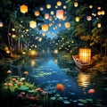 Floating Serenade: A whimsical scene of paper lanterns lighting up a nighttime lake