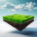 floating slice of land with green grass surface and soil section - a mesmerizing blend of flying land, grass texture, and