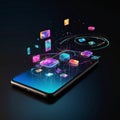 Floating Smartphone with Futuristic Holographic Interface on Dark Background Royalty Free Stock Photo