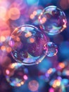Floating soap bubbles with colorful bokeh and light reflections.