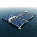 A floating solar power plant is positioned on a calm body of water. The structure Royalty Free Stock Photo