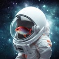 Floating in space surreal concept. Red goldfish floating in transparent space helmet of white spacesuit on galaxy