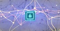 Floating square chip showcasing glowing padlock icon within mesh network, nodes and data streams Royalty Free Stock Photo