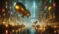 Floating steampunk airship docks, AI generated image Royalty Free Stock Photo