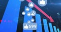 Floating thumbs-up icons displaying 699 label on screen with blue bar chart and red downtrend arrow Royalty Free Stock Photo