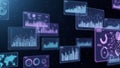 Abstract visualization of floating holographic screens displaying various financial business data charts and global statistics Royalty Free Stock Photo