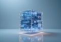 AI?Generated 3D Cube Made of Floating Transparent Data Blocks Over Blue Tech Background Royalty Free Stock Photo