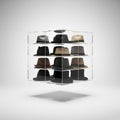 Floating transparent hat organizer cube, on solid white background Royalty Free Stock Photo