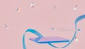 Floating transparent platforms with blue ribbon on pink background for modern product display, empty podium, abstract geometric