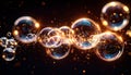 Floating Transparent Soap Bubbles with Golden Glittering Dust on Black Background Royalty Free Stock Photo