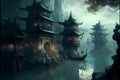 A floating village in ancient japan digital art