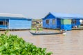 Floating village on the Tonle Sap Lake in Cambodia and two boys Royalty Free Stock Photo