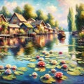A floating village on a tranquil lake, surrounded by water lilies. Painting, Morning time, Spring Season, Generative Ai.