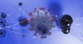 Floating virus particle hovering amid white lines and black nodes on blue backdrop, with data theme Royalty Free Stock Photo