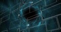 Floating void forming mesh network tunnel in virtual space, showing wireframe panels, glowing nodes Royalty Free Stock Photo